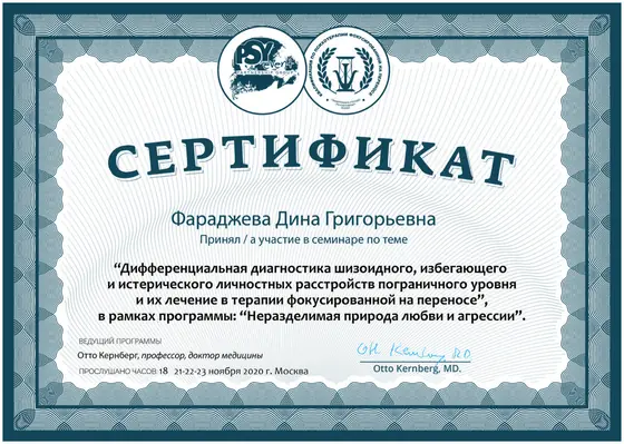 Сертификат семинара Отто Кернберга, 2020